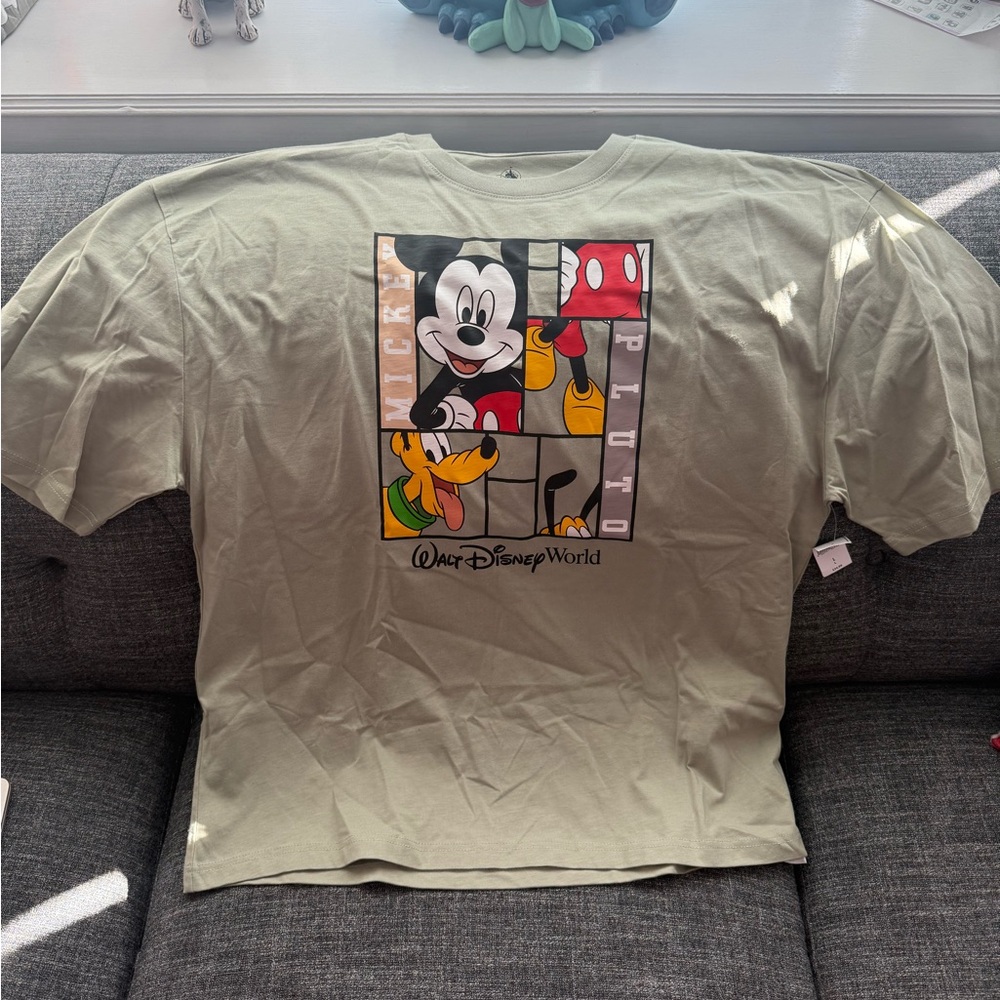 Disney Olive Green T-Shirt with Mickey and Pluto design.